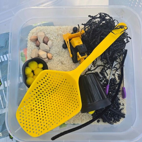 Construction Sensory Bin w/ Yellow Scoop Truck Rice Beans & Accessories for Lear - Picture 3 of 5